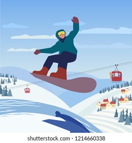 Snowboarding in mountains. Snowboarder slope on snowy hill. Colorful extreme sport cartoon. Winter outdoors leisure. Downhill from mountain top. Advertisement active lifestyle banner, flyer template