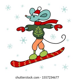 Snowboarding mouse in winter clothes. Handwork. Character. Symbol of the new year 2020. Winter sport. Isolated object. Color image. Year of the rat according to the eastern calendar.