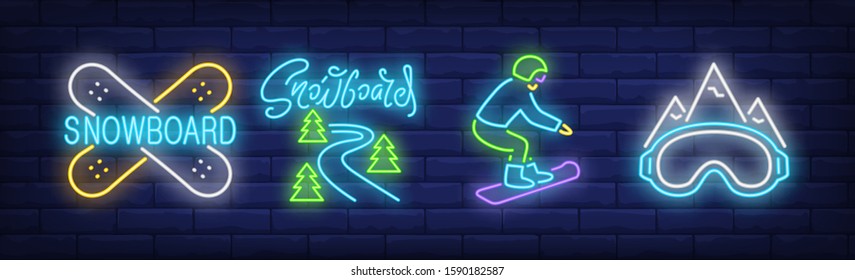 Snowboarding neon signs set. Board, slope, resort, mountain. Vector illustration in neon style, bright banner for topics like winter activity, sport, lifestyle
