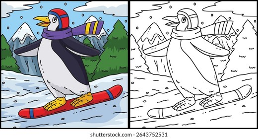 Snowboarding Penguin Coloring Page Illustration 