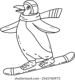 Snowboarding Penguin Isolated Coloring Page 