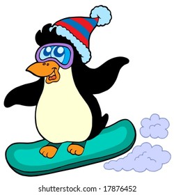 Pingüino Snowboard sobre fondo blanco - ilustración vectorial.