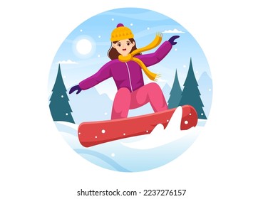 Snowboarding with People Sliding and Jumping on Snowy Mountain Side or Slope Inside Flat Cartoon Hand Drawn Templates Illustration