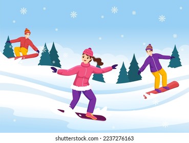 Snowboarding with People Sliding and Jumping on Snowy Mountain Side or Slope Inside Flat Cartoon Hand Drawn Templates Illustration