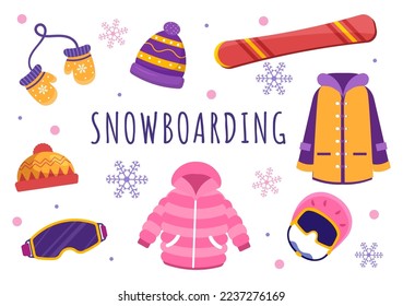 Snowboarding with People Sliding and Jumping on Snowy Mountain Side or Slope Inside Flat Cartoon Hand Drawn Templates Illustration