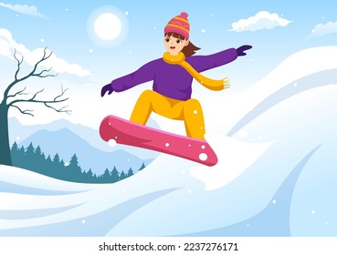 Snowboarding with People Sliding and Jumping on Snowy Mountain Side or Slope Inside Flat Cartoon Hand Drawn Templates Illustration