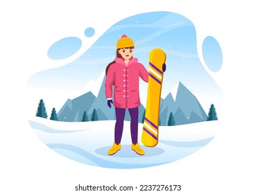 Snowboarding with People Sliding and Jumping on Snowy Mountain Side or Slope Inside Flat Cartoon Hand Drawn Templates Illustration