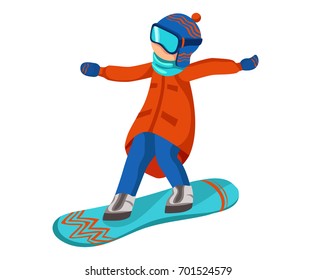 Snowboarding person, winter activity. Vector isolated illustration in modern flat isometric design.