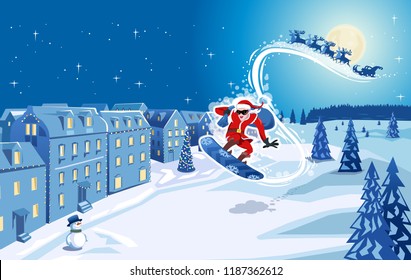 Snowboarding Santa Claus boarding in front of his sleigh and reindeer into a snow covered