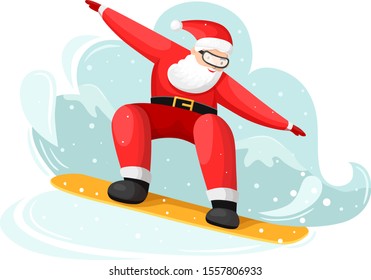 Snowboarding Santa Claus isolated on white background. Vector Christmas character on snowboard. Winter sport activities. Suitable for Brochure, Flyer, Invitation, Web Banner, Poster, Postcard.