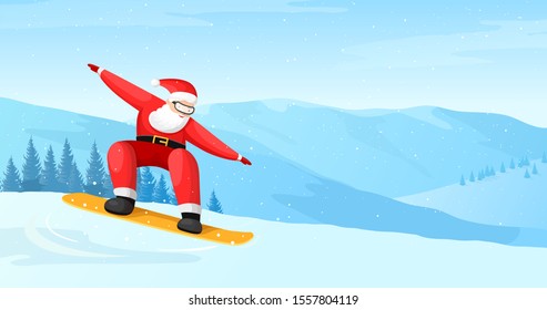 Snowboarding Santa Claus in mountains landscape. Vector illustration of cartoon Christmas character on board.