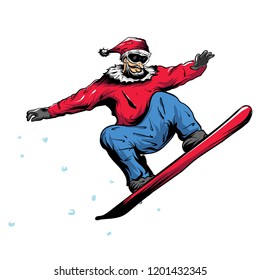 Snowboarding Santa Claus in Snow White Background