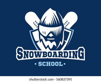 Snowboarding school logo - vector illustration, emblem design on blue background