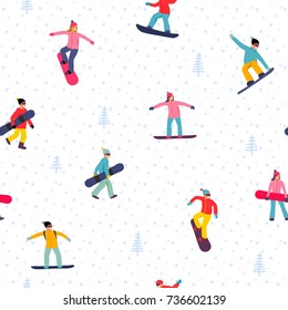 Snowboarding en un patrón impecable con gente con snowboard. Ilustración deportiva invernal en vectores