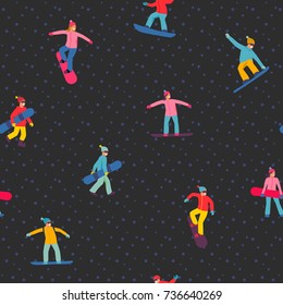 Snowboarding seamless pattern with people with snowboard. Winter sport illustration in vector.