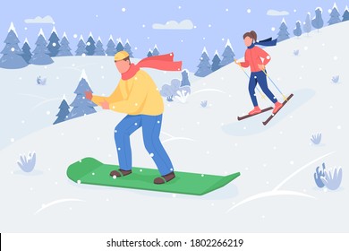 Snowboarding semi flat vector illustration. Winter recreation activity. Extreme sport on mountain side. Winter resort for entertainment. Happy young couple 2D cartoon characters for commercial use