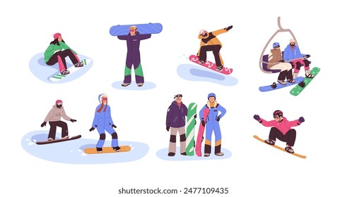 Snowboarding set. Athletes ride on board on snow slopes, jumping, do tricks. Professional riders in helmets are on ski lift. People do extreme winter sport. Flat isolated vector illustrations on white