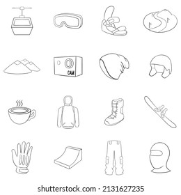 Snowboarding set icons in outline style isolated on white background