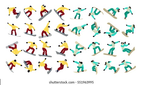 Snowboarding set on white background. Professional athlete. Extreme sport. Female and male athletes.