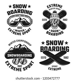 Snowboarding set of vector emblems, badges, labels or logos in vintage monochrome style isolated on white background