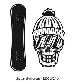 Snowboarding set of vector objects or design elements with snowboard, rider skull in knitted hat and ski glasses isolated on white background