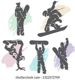 snowboarding silhouette girl and boys jump tricks