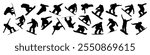 Snowboarding silhouette set vector illustration. Snowboarders perform tricks in different poses. Winter sport. Freestyle, big air, halfpipe, slopestyle, boardercross sport symbol. 