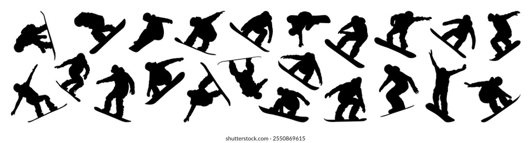 Snowboarding silhouette set vector illustration. Snowboarders perform tricks in different poses. Winter sport. Freestyle, big air, halfpipe, slopestyle, boardercross sport symbol. 