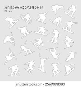 Snowboarding silhouette set vector illustration. Snowboarders perform tricks in different poses. Winter sport. Freestyle, big air, halfpipe, slopestyle, boardercross sport symbol. 