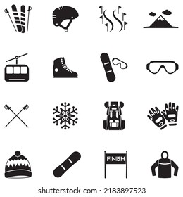 Snowboarding And Ski Icons. Black Flat Design. Vector Illustration.