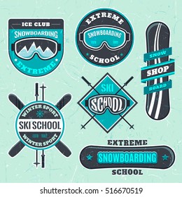 Snowboarding Ski School Logo, Emblems, Design Elements. Winter Sport Shop, Club Logotype Templates, Badges. Extreme Adventure Activity Symbols, Icons. Business Signs Template, Identity Labels, Objects