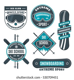 Snowboarding ski school logo, emblems, design elements. Winter sport shop, club logotype templates, badges. Extreme adventure activity symbols, icons. Business signs template, identity labels, objects