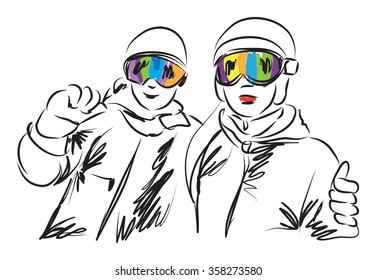 SNOWBOARDING SKIERS MAN AND WOMAN ILLUSTRATION