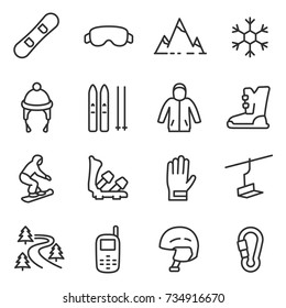 Juego de iconos para snowboarding y esquí. Iconos lineales sobre el tema del paseo en snowboard y esquí. Accesorios, cosas. Línea con trazo editable