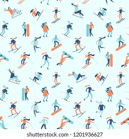 Snowboarding and skiing seamless pattern. Winter sport activities, young people on ski or snowboard, extreme fitness snowboarding. Snowboarder skier sportsman jump on mountain top vector background