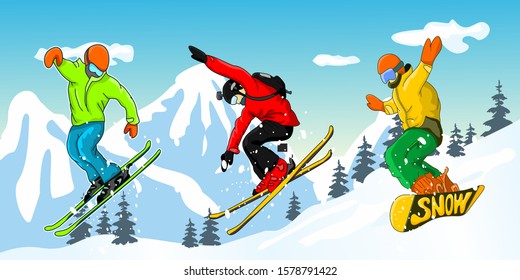 Snowboarding and Skiing. Vector illustration of a jumping snowboarder and two skier in trendy flat style, isolated on snow mountains background