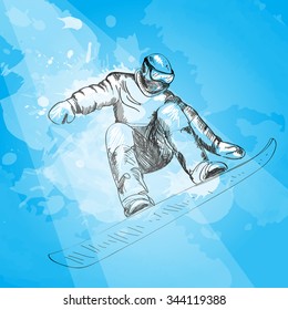 Snowboarding. Snowboarder in jump and flight. Hand drawn graphic illustration