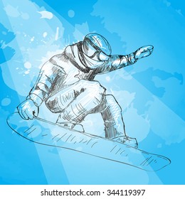 Snowboarding. Snowboarder in jump and flight. Hand drawn graphic illustration