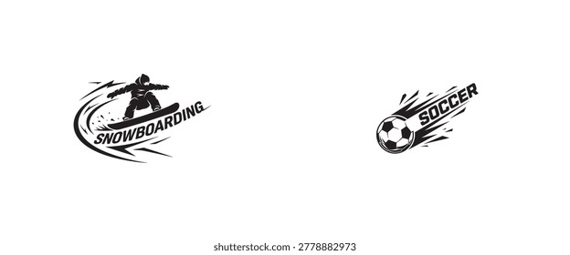 
Snowboarding and Soccer Athletic Logo Set; Minimalist Vector Illustration of a Professional Snowboarder Performing a Jump and a Soccer Ball with Dynamic Motion Trails for Sports Branding