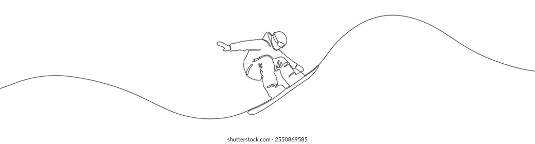 Snowboarding sport continuous line drawing vector illustration. Snowboarder performs a trick, jump. Winter sport. Snowboarding freestyle, freeride, slopestyle, big air symbol