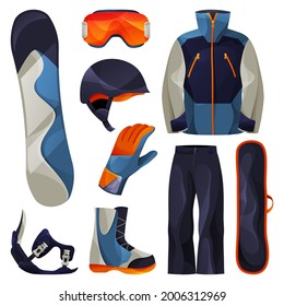 Snowboarding sport tools set, vector flat icons