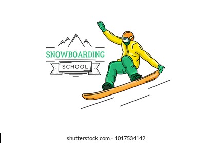 Snowboarding sportsmen graphic illustration with logo of snowboard school, dynamic composition of descending