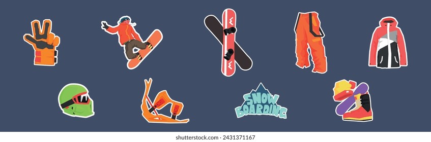 Snowboarding Sticker as Extreme Mountain Sport Vector Set