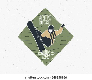 Snowboarding sticker. Vintage mountain explorer label. Outdoor adventure logo design Travel hand drawn and hipster insignia. Snowboard icon symbol Extreme sports badge Watercolor line  design. Vector.