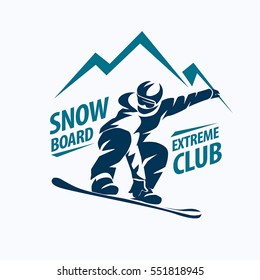 snowboarding stylized symbol, vector silhouette, logo or emblem template