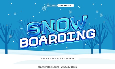 Projeto de efeito de texto de snowboard com paisagem neve e árvores nuas, apresentando tipografia de inverno azul negrito