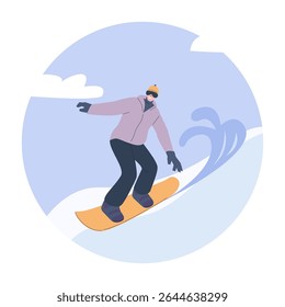 Snowboarding time. Young man on snowboard rolling down mountain snowy slope. Winter outdoor activity characters, healthy lifestyle, hobby vector scene