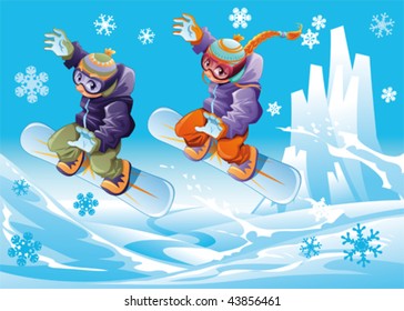 Snowboarden zusammen. Hübscher Cartoon und Vektorsportgrafik.