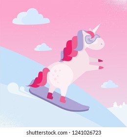 Snowboarding unicorn. Cute unicorn slide down a snow hill on a snowboard. Flat cartoon style illustration for kids.