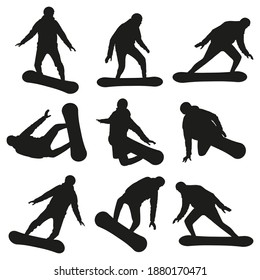 Snowboarding vector black silhouettes set isolated on a white background.